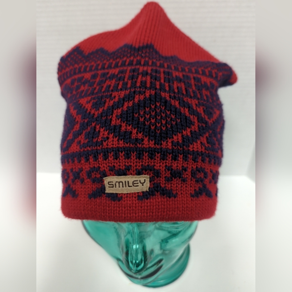 Vintage Smiley Wool Beanie One Sz Fair Isle Geometric Red Navy